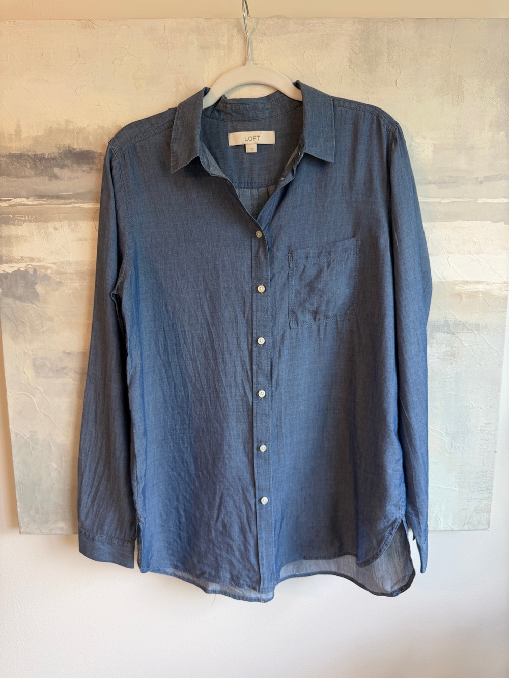 LOFT Oversized semi-sheer Button Up Shirt Blue Lyocell Cotton Long Sleeve